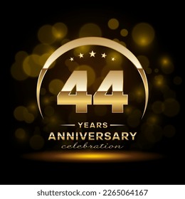 44th Anniversary Celebration. Logo design with golden ring and text for anniversary celebration event, invitation, wedding, greeting card, banner, poster, flyer, brochure. Logo Vector Template