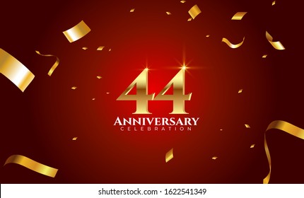 44th Anniversary celebration Vector background by using two colors in the design between gold and red, Golden number 44 with sparkling confetti Realistic 3d sign. Birthday or wedding party