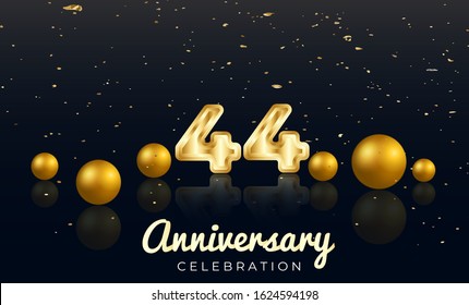 44th Anniversary celebration Vector background by using two colors in the design between gold and red, Golden number 44 with Realistic 3d sign & gold Sphere for Birthday or wedding party 