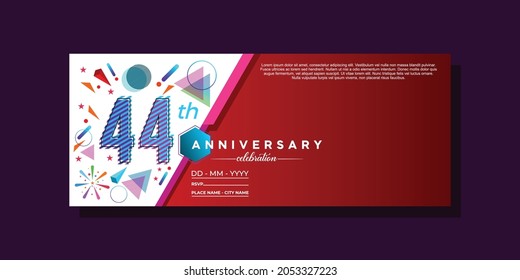 44th anniversary, anniversary celebration vector design on colorful geometric background and circle shape.
