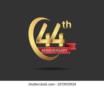 44th anniversary design logotype golden color with swoosh ring and red ribbon for celebration isolated on dark background