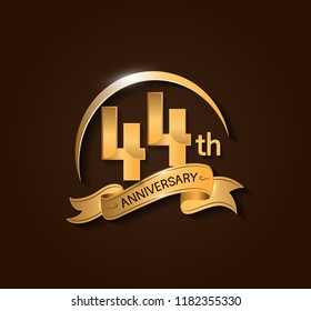 44th Anniversary design logotype. Anniversary logo design with swoosh and elegance golden ribbon. Vector template for use celebration, invitation card, and greeting card