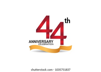 44th anniversary design logotype red color and golden ribbon for celebration isolated on white background