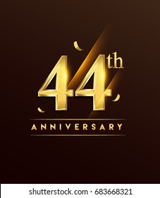 44th anniversary glowing logotype with confetti golden colored isolated on dark background, vector design for greeting card and invitation card.