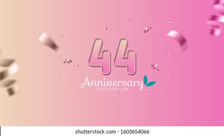 44th anniversary. Gradient pink and yellow Numbers with sparkling confetti. Modern elegant gradient background design vector EPS 10. For wedding party or company event decoration.