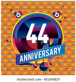 44th anniversary logo with colorful circle badge. Anniversary signs illustration. Vibrant colors anniversary logo with geometric shape and circle ring