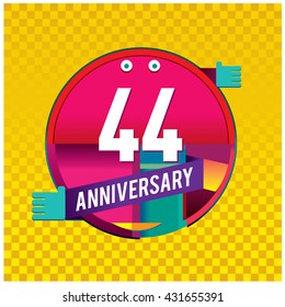 44th anniversary logo with colorful circle badge. Anniversary signs illustration. Vibrant colors anniversary logo with geometric shape and circle ring