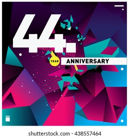 44th anniversary logo with colorful shape background. Anniversary signs illustration. Vibrant colors anniversary logo with geometric shape 