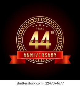 44th Anniversary. Anniversary logo design with gold color text and red ribbon for anniversary celebration event. Logo Vector Illustration