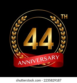 44th Anniversary. Anniversary Logo Design with Laurel Wreath and Red Ribbon for Celebration Event, Wedding, Invitation, Greeting Card. Logo Vector Illustration