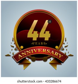 44th anniversary logo with gold circle badge. Anniversary signs illustration. Gold colors anniversary logo with circle ring