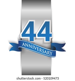 44th anniversary logo with silver label and blue ribbon, Vector design template elements for your birthday party.