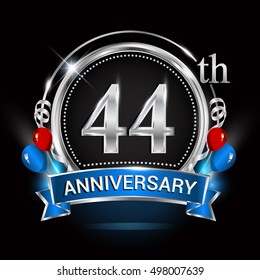 44th anniversary logo with silver ring,balloons and blue ribbon. Vector design template elements for your birthday celebration.