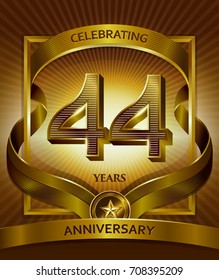 44th anniversary logo. Vector and illustration shiny gold ribbon