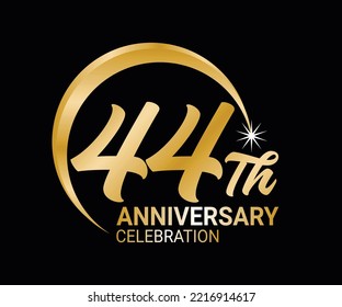 44th Anniversary ordinal number Counting vector art illustration in stunning font on gold color on black background
