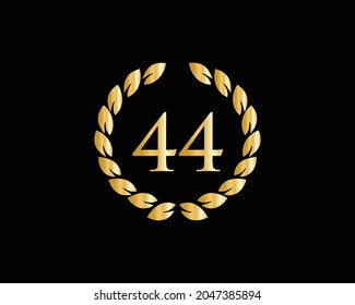 44th Anniversary Ring Logo Template. 44th Years Anniversary Logo With Golden Ring Isolated On Black Background, For Birthday, Anniversary And Company Celebration