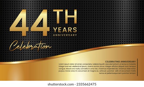 44th anniversary template design in gold color isolated on a black and gold texture background, vector template