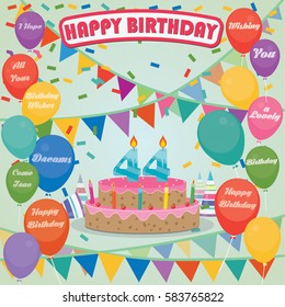 44th Birthday cake and decoration background in flat design with balloons and candles