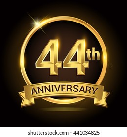 44th golden anniversary logo, with shiny ring and ribbon, laurel wreath isolated on black background, vector design