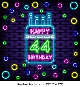 44th Happy Birthday 44 Year old Neon signboards. Bright signboard. Night bright advertising. Modern trend design. Vector Illustration