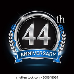 44th silver anniversary logo with blue ribbon and ring.