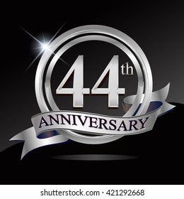 44th silver anniversary logo with ring and ribbon. Vector design template elements for your birthday celebration.