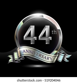 44th silver anniversary logo, vector celebration design with ring and ribbon.