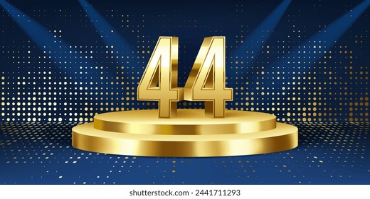 Hintergrund der Feier zum 44-jährigen Bestehen. Goldene 3D-Nummern auf einem goldenen runden Podium, mit Lichtern im Hintergrund.
