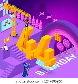 44th year Anniversary Celebration concept with characters. Flat isometric vector illustration