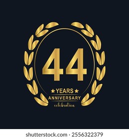 44th Years Anniversary celebration. Vector Template festive illustration Golden Color,. Birthday or wedding party event decoration.