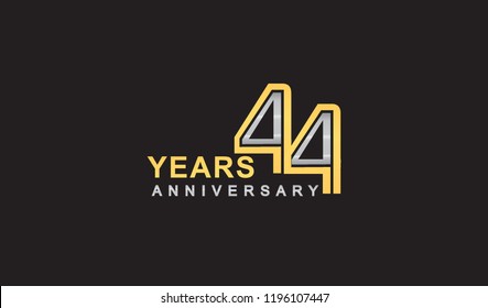 44th years anniversary logo design with multiple line silver and golden color, for celebration event isolated on black background, vector illustration.