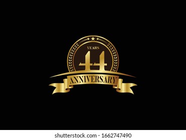 44th years anniversary logo template, vector design birthday celebration, Golden anniversary emblem with ribbon. Design for a booklet, leaflet, magazine, brochure, poster, web, invitation or greeting