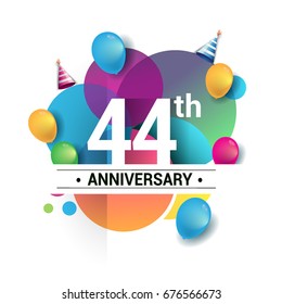 44th years anniversary logo, vector design birthday celebration with colorful geometric, Circles and balloons isolated on white background.