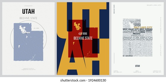 45 of 50 sets, US State Posters with name and Information in 3 Design Styles, Detailed vector art print Utah map