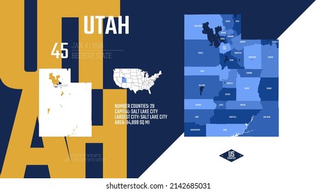 45 of 50 states of the United States, divided into counties with territory nicknames, Detailed vector Utah Map with name and date admitted to the Union, travel poster and postcard