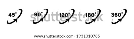 45 90 120 180 360 degree icon set in flat style. Different degree view rotation set. 360 degree view. Minimal interface icon, symbol. Different degrees icon set. 45-360 degrees. Vector graphic. EPS 10