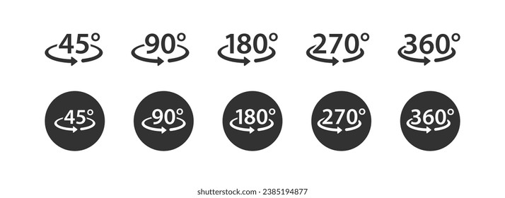 45, 90, 180, 270, 360 degree icon. Arrow rotate symbol. Angle signs. Turn symbols. Rotation icons. Black color. Vector isolated sign.