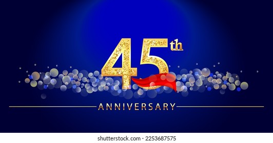 45 anniversary celebration. 45th anniversary celebration. 45 year anniversary celebration logo with glitter, confetti, red ribbon and blue background.