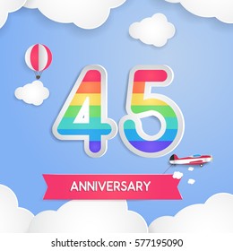 45 Anniversary Celebration Logo with Rainbow Colored and using Paper Art Design Style