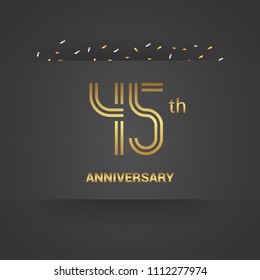 45 anniversary design for company celebration event with golden multiple line font and confetti isolated on dark grey background