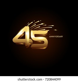45 Anniversary with fireworks and shiny gold on dark background.Greeting card, banner, poster