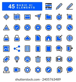 45 iconos básicos de elementos de la interfaz de usuario en el estilo de relleno azul, incluidos el home, los botones de la aplicación, los mapas, el tiempo, el recurso compartido y más. Adecuado para necesidades de diseño de UI UX, publicidad, aplicaciones y medios sociales.