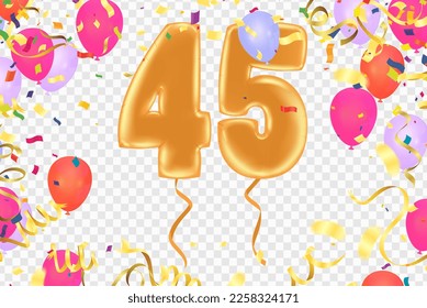 45 birthday Happy birthday, congratulations poster. Balloons numbers with sparkling confetti ribbon, glitter bright
