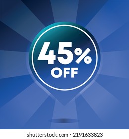 45% blue discount sign, with lights in the background in different shades of blue. discount pin for product sales and promotions