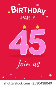 45 candle number on a pink background. An invitation for a birthday anniversary.