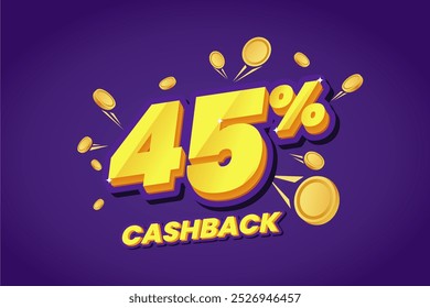 Banner promocional de cashback de 45% apresentando texto amarelo arrojado com efeitos brilhantes, rodeado por moedas de ouro flutuante em um fundo roxo vibrante. Perfeito para campanhas de vendas.