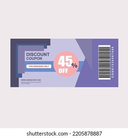 45% coupon discount purple. Vintage cinema ticket concert and festival event, movie theater coupon. promo code gift voucher and coupons template. Vector illustration.