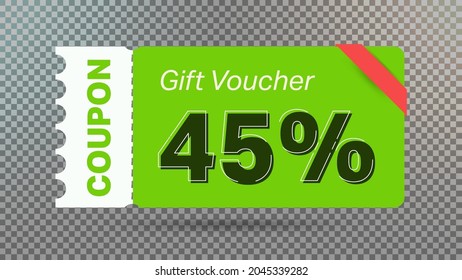 45% Coupon Promotion Verkauf für Website, Internet-Werbung, Social Media. Großer Verkauf und Super-Sale Coupon-Code 45 Prozent Rabatt Geschenkgutschein Vektorgrafik Sommerangebot Ende Wochenende Feiertag