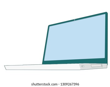 45 degree angle front side modern illustration of a Laptop open 115 degree blank empty screen DVD visible