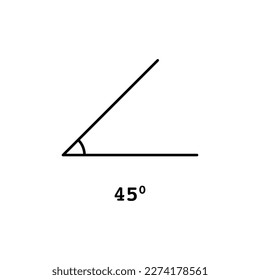 45 degree angle icon vector illustration. Abstract thin black line math symbol for geometry and trigonometry in school, geometric pictogram of right angle, forty five degree isolated on white.